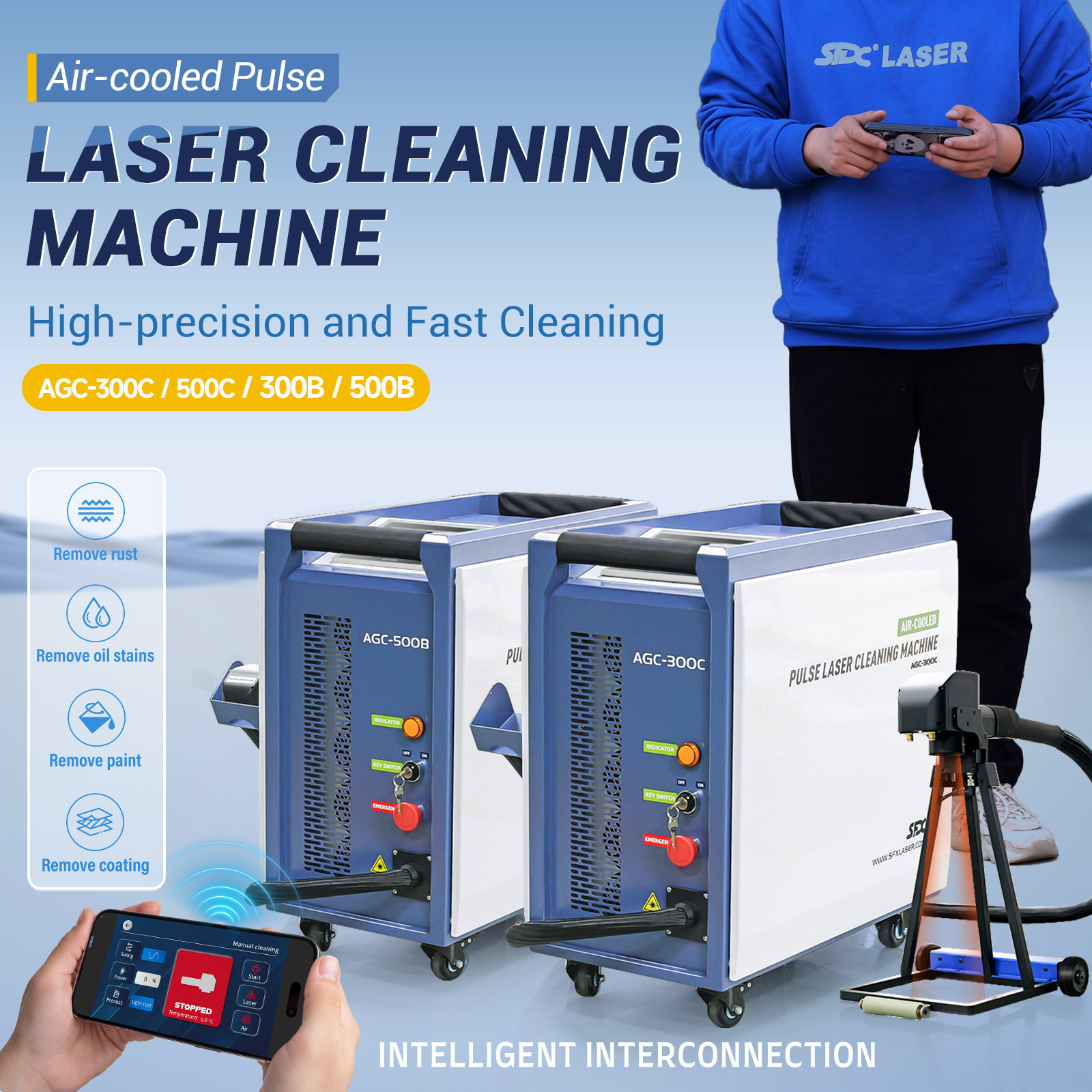 SFX 300W 500W Air Cooled Pulse Laser Cleaning Machine with Intelligent Interconnection and Self Propelled Device